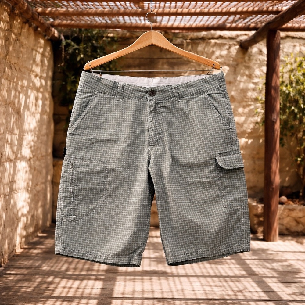 Quechua Mens Cargo Shorts Grey Check Organic Cotton Size 34 Utility Hiking